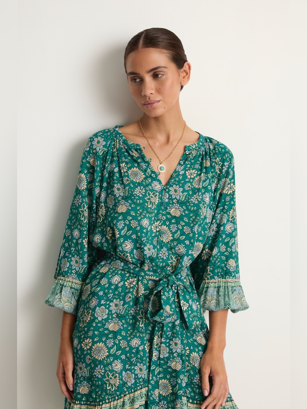 ๐ Spell Elysian Tunic Floral Mini Dress Ruffle Hem in Jade XS - Picture 4 of 11